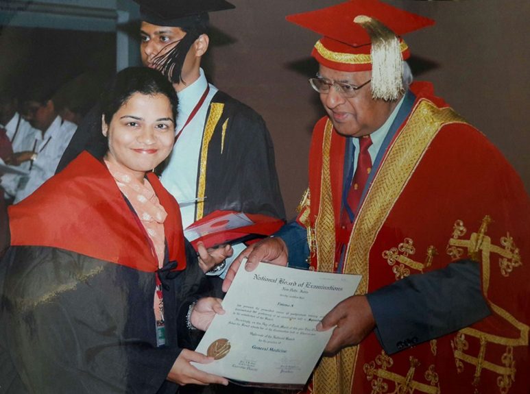 Dr. Fatema Chahwala receiving her medical degree at convocation