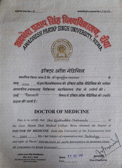 Doctor of Medicine degree certificate